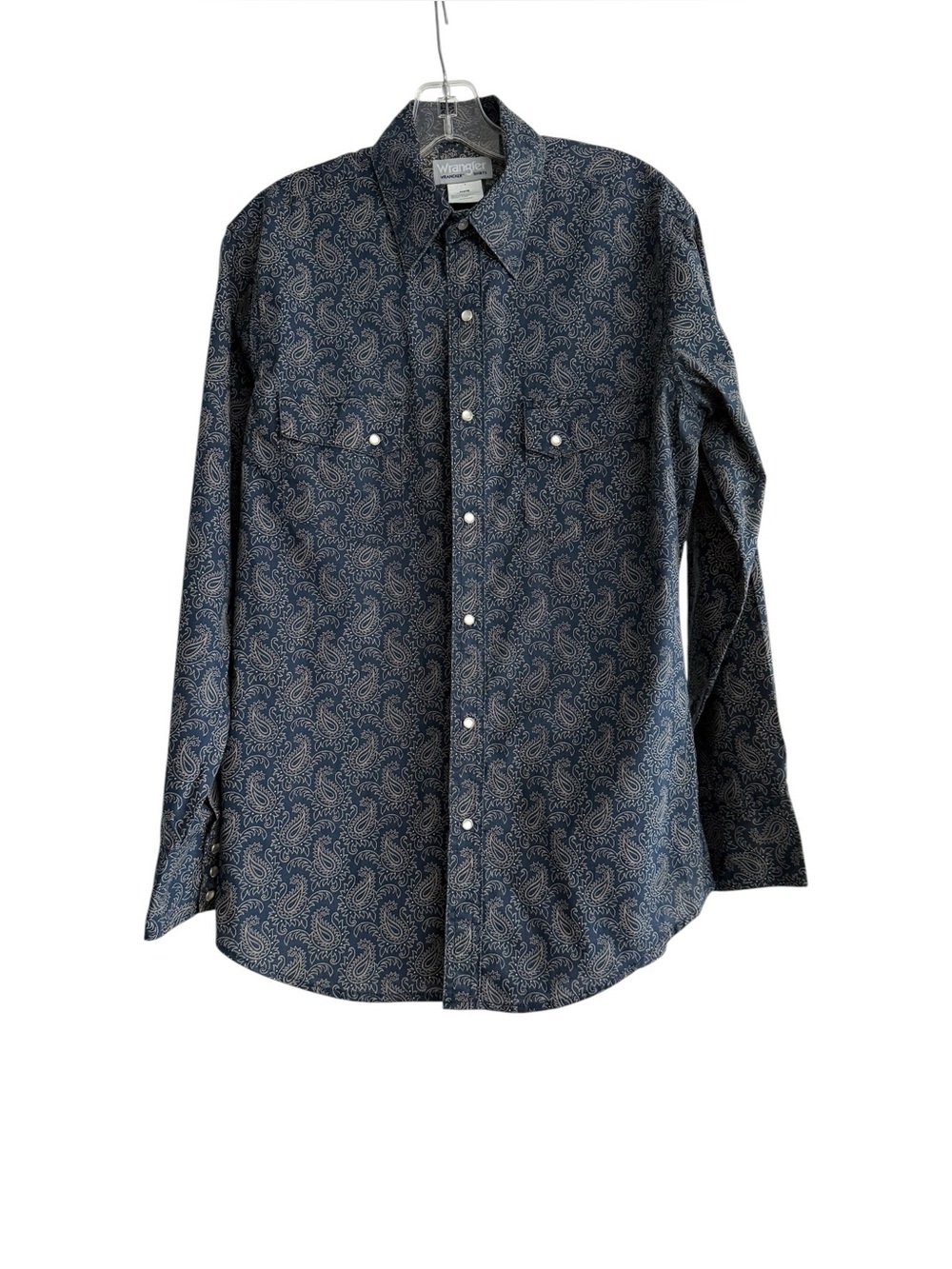 Wrangler Wrancher Western Shirt M Blue Paisley Pearl Snap Cotton Blend